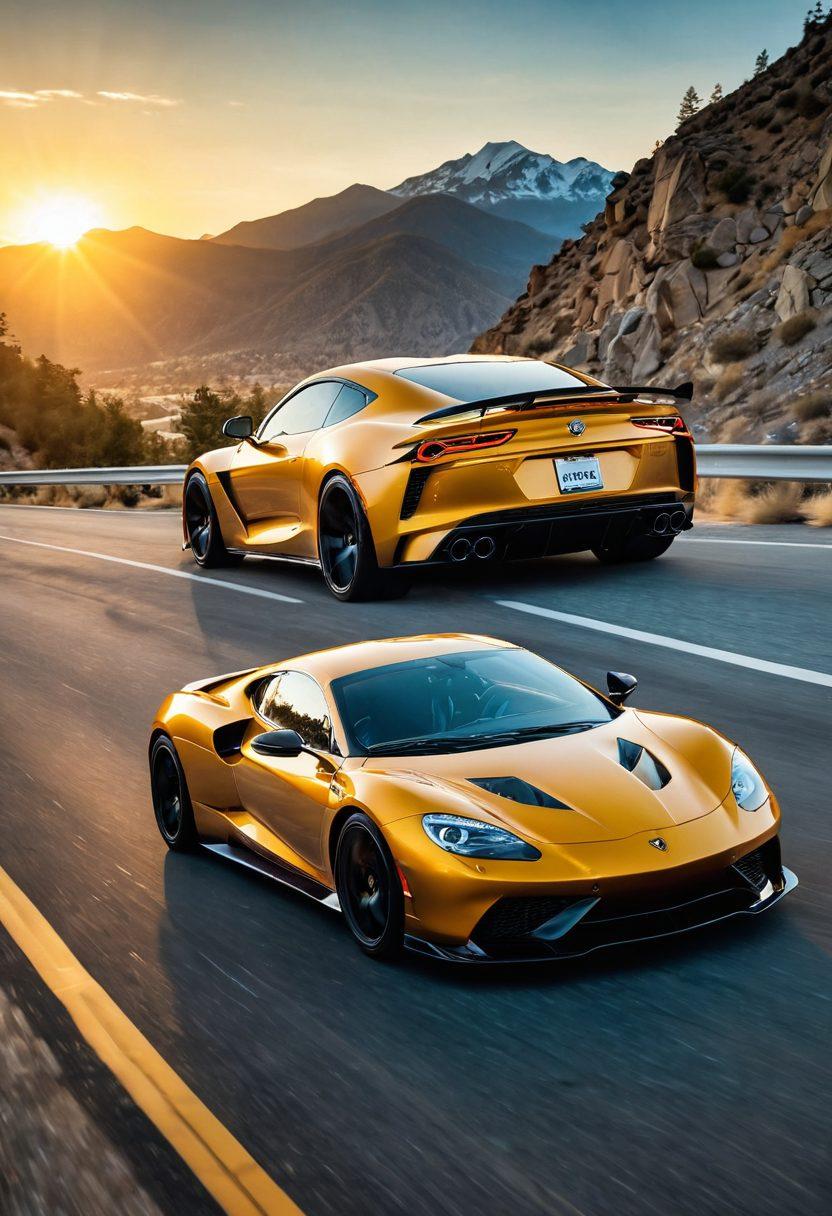 A dynamic scene featuring a sleek, modern car speeding along a winding road with mountains in the background. The setting sun casts a golden glow while automobile enthusiasts can be seen in the foreground discussing modifications and trends. Include automotive tools and a glossy magazine featuring car tips on a nearby table. Capture the excitement of car culture with vibrant colors and action. super-realistic. vibrant colors. dramatic lighting.