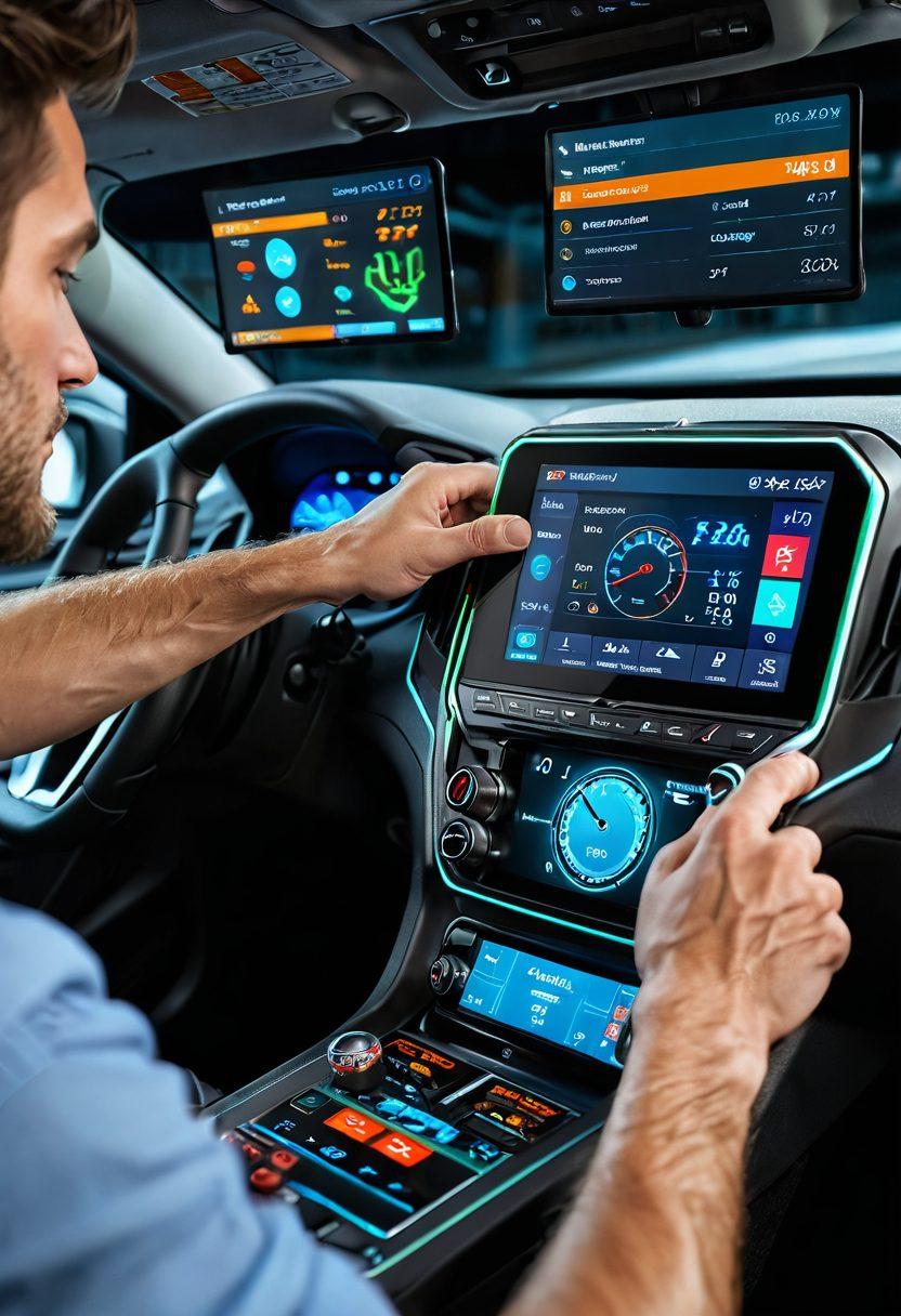 A modern vehicle dashboard showcasing advanced technology with a glowing touch screen displaying maintenance alerts and fuel efficiency stats. In the background, a mechanic performing a vehicle inspection with tools, emphasizing smart maintenance practices. Bright, engaging colors highlight the technological aspects, creating a dynamic and informative atmosphere. super-realistic. vibrant colors. 3D.