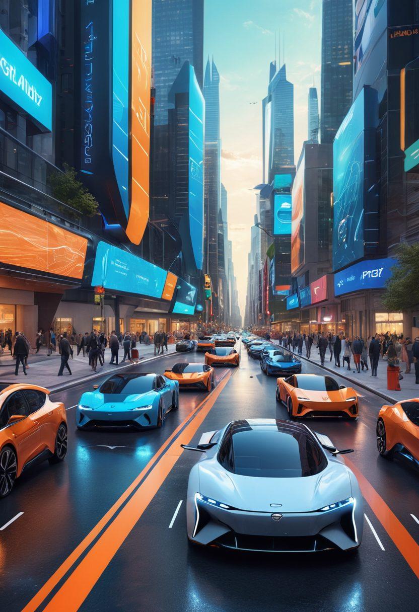 A dynamic scene showcasing futuristic cars on a bustling city street, with electric vehicles and autonomous cars prominently featured. Include stylized graphs and digital screens displaying auto industry trends in the background. Incorporate elements of innovation such as charging stations and high-tech features. The atmosphere should convey a sense of speed and progress. super-realistic. vibrant colors. 3D.